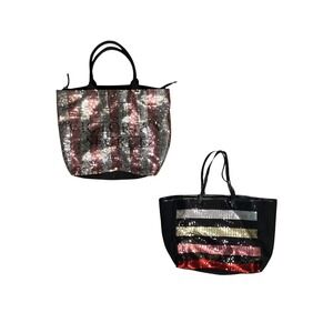 Victoria's Secret Sequin Tote Bag Set 2pc Pink Silver Black Striped Canvas Large